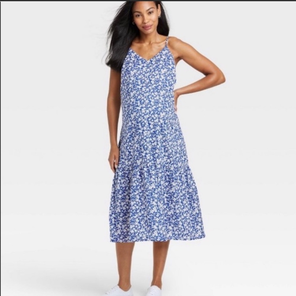 Hatch The Nines Blue Floral Sleeveless Tiered Slip Maternity Dress Small EUC